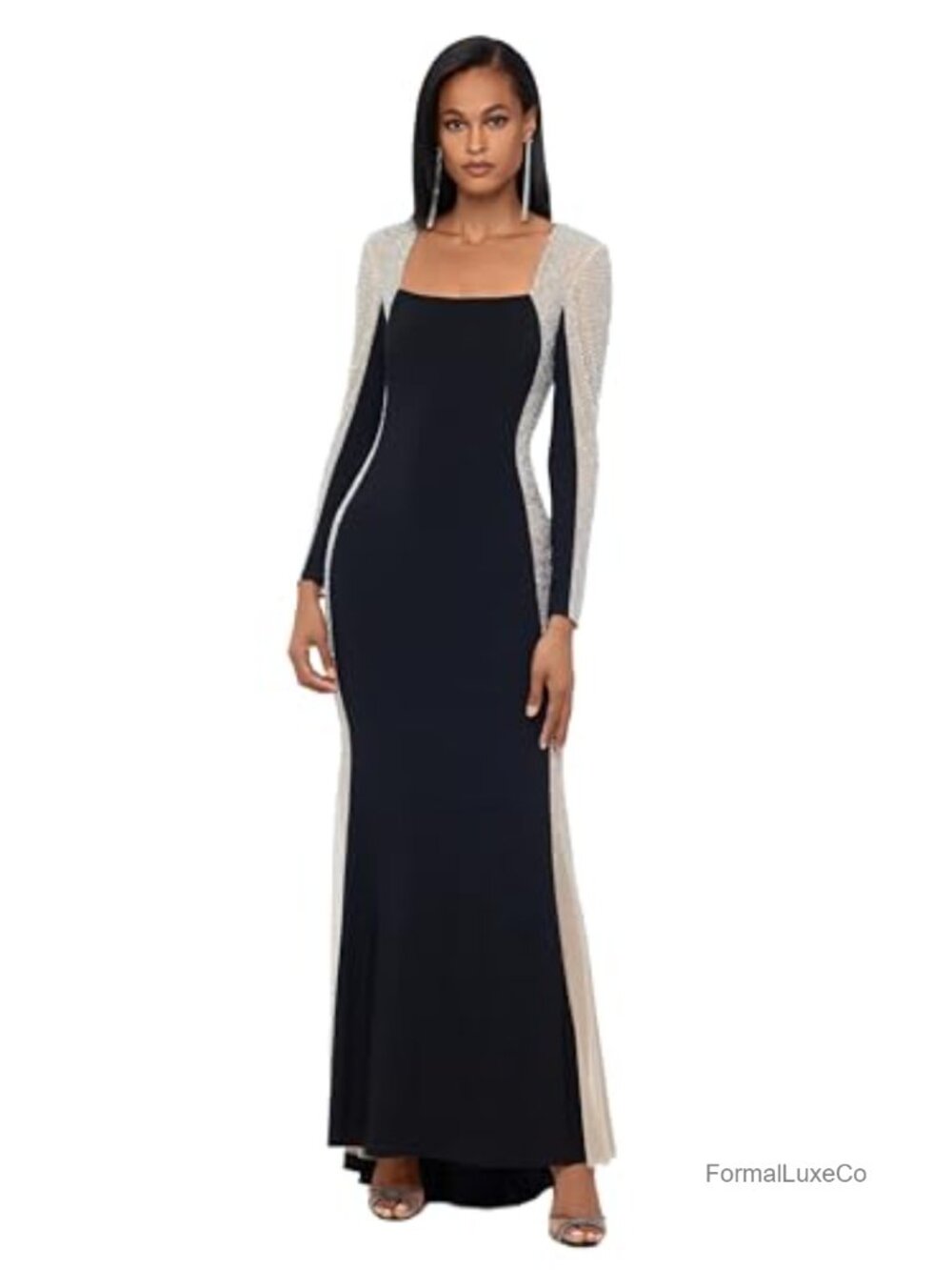 Long Sleeve Beaded Mesh Sheath Evening Gown Formal Dress